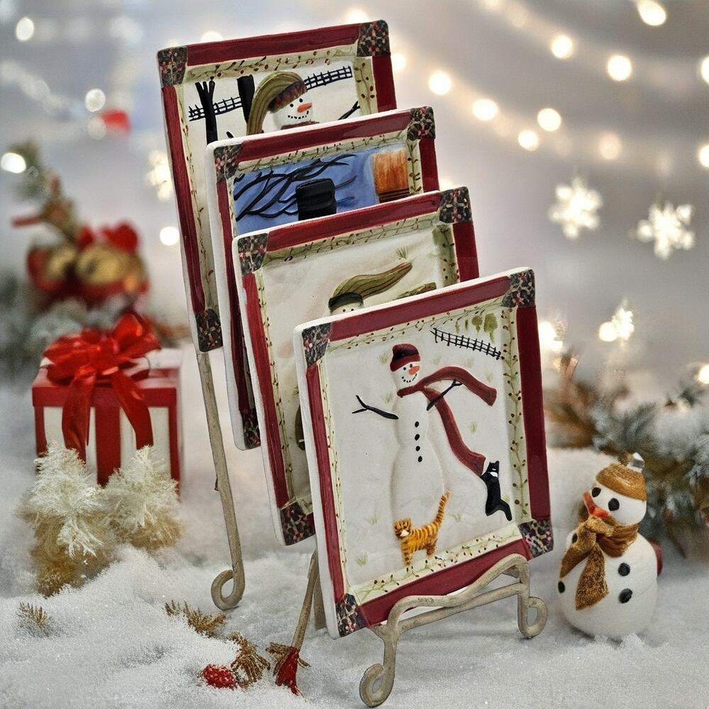 Cindy Shamp MWW Market Snowman Plates Set of 4 with Metal Holder Christmas